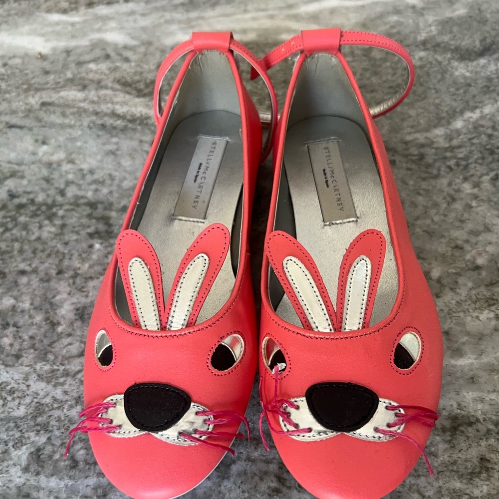 Stella McCartney Kids Coral Bunny Mary Jane Flats with Silver & Black Accents